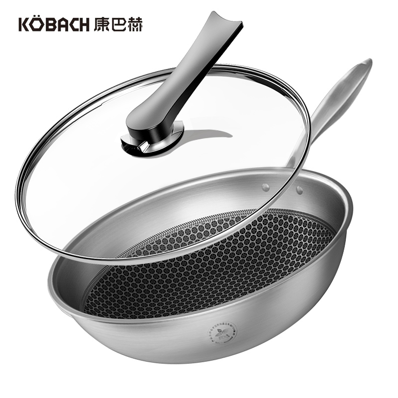 J- 康巴赫  精美礼盒装 炒锅不粘锅32CM304不锈钢炒菜锅具CFC32A1蜂窝少油烟家用电磁炉燃气明火通用 32cm