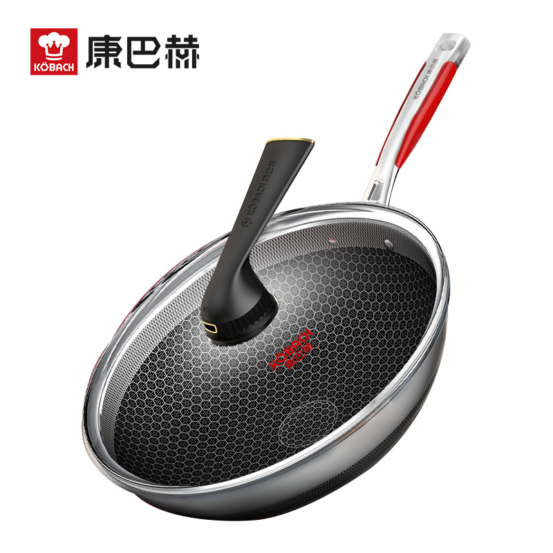 J-康巴赫  第五代炒锅不粘锅KGD-C32W抗菌不锈钢炒菜锅少油烟双面花纹蜂窝平底5代 32cm 抗菌不锈钢炒锅