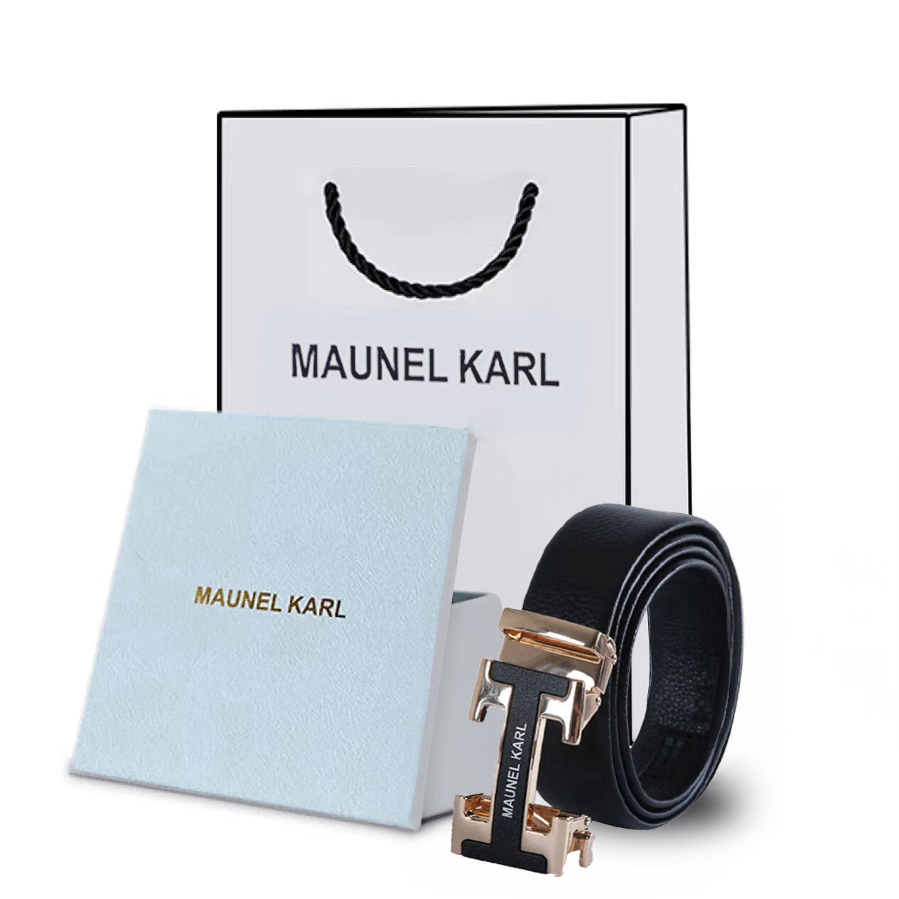 J-MAUNEL KARL轻奢品牌男士牛皮腰带二层牛皮自动扣带活动礼品专柜版礼盒 （皮带长度130cm)