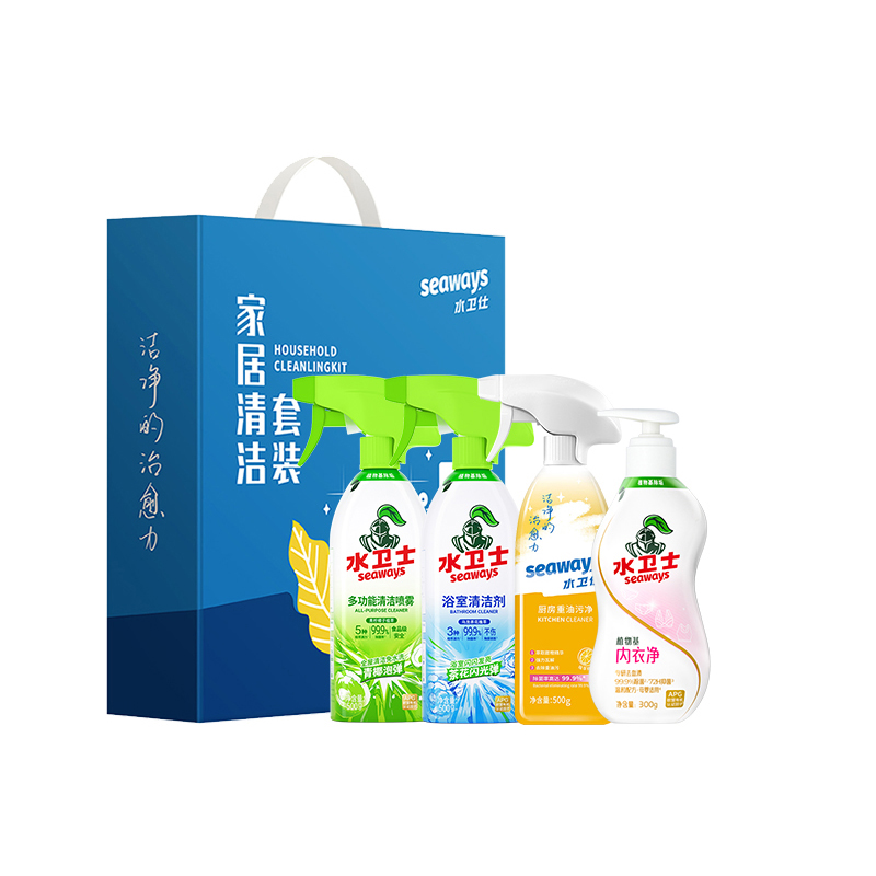 J-水卫仕家居清洁套装A-01【厨房重油污净500g+家居多功能清洁喷雾500g+浴室清洁剂500g+内衣专护洗衣液300g】新老包装随机发货