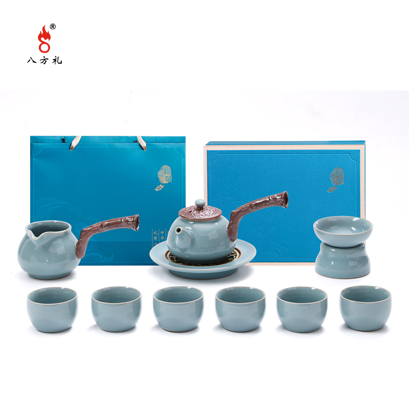 DH-J-【评价200+】普区包邮八方礼江山如画侧把官窑梅子青11入茶具礼盒装
