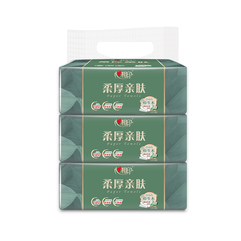 J-心相印3DT100（提装）商用柔厚亲肤三层100抽塑装纸面巾3包*1提