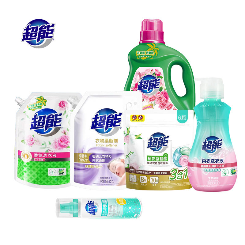 J-纳爱斯集团超能超值洗衣6件套[1kg超能洗衣液+900g超能洗衣液+850g柔顺剂+480g内衣液+60g衣物除菌喷雾+6颗植沐悦色洗衣凝珠]