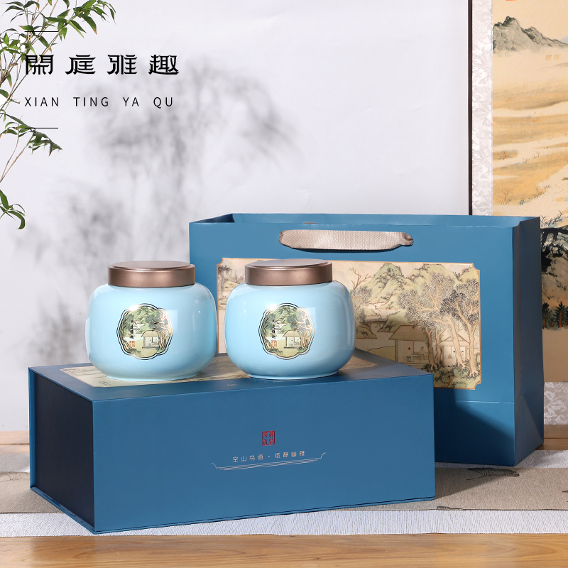 J-老侯爷西湖龙井茶闲庭雅趣明前龙井陶瓷罐龙井礼盒特级茶叶75g*2罐礼盒装T50020