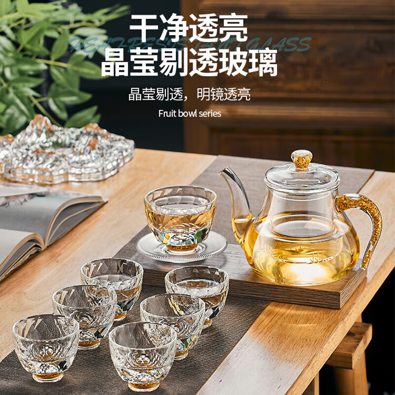 DH-J-RCOMS 1950茶具套装家用金箔梨壶烧水壶水晶钻石刻面茶碗送节日礼物乔迁贺礼 绿松石梨壶套装 (水杯不可消毒柜高温蒸煮）