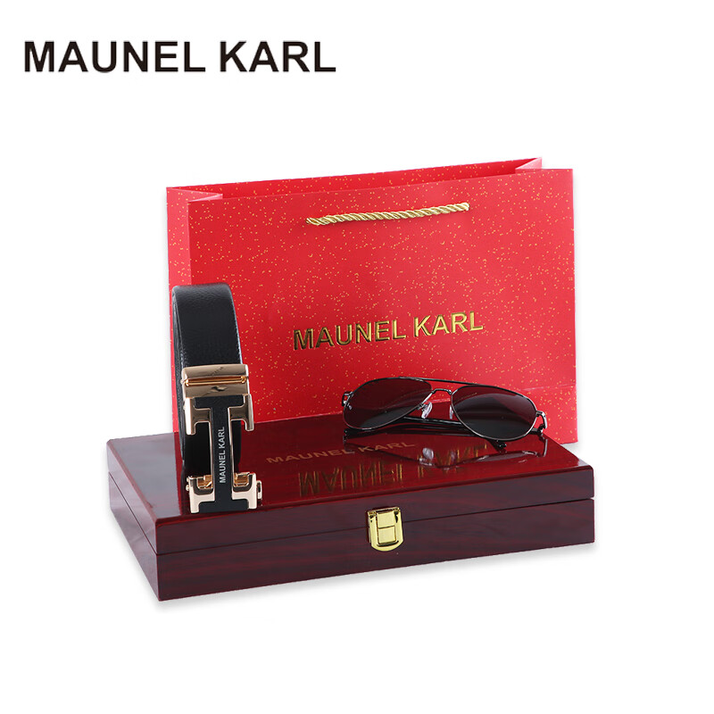 DH-J-MAUNEL KARL轻奢品牌男士牛皮腰带二层牛皮自动扣皮带活动礼品高档木盒版礼盒赠送墨镜 （皮带长度130cm)