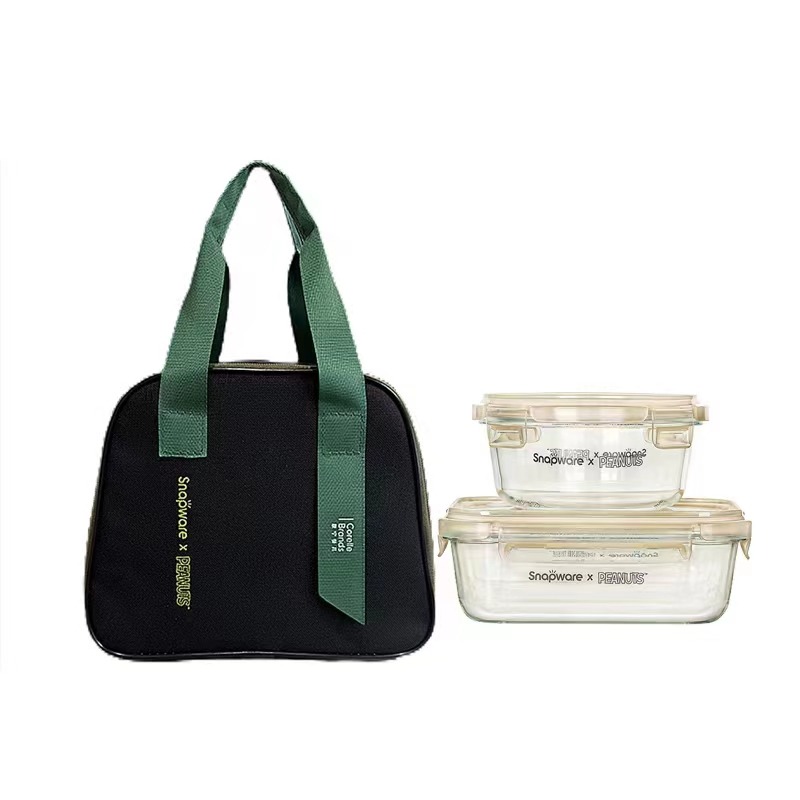 J-【热评200+】康宁Snapware ×史努比联名款玻璃保鲜盒三件套 含660ml+1090ml+定制保温袋 食品接触级材质 微波炉烤箱洗碗机通用 普区包邮