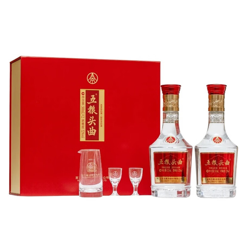J-热评2W+ 五粮液股份 五粮头曲 如意礼盒 浓香型白酒 52度 500mL*2瓶 礼盒装