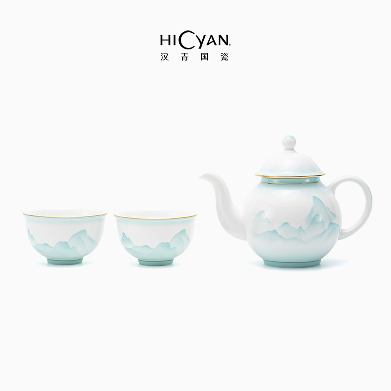 J-普区包邮 汉青陶瓷山水同光系列和合中式茶具 骨质瓷茶具礼盒套装 珐琅彩+描金 中式茶具 1壶2杯 2人用