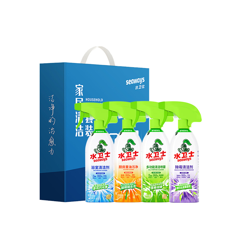 J-水卫士家居清洁套装A-04【浴室清洁剂500g+厨房重油污净500g+多功能清洁喷雾500g+除霉清洁剂480g】