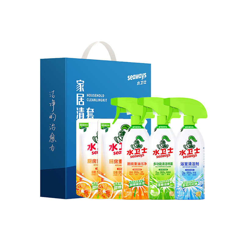 J-水卫士家居清洁套装A-07【厨房重油污净（袋装）420g*2+厨房重油污净500g+多功能清洁喷雾500g+浴室清洁剂500g】