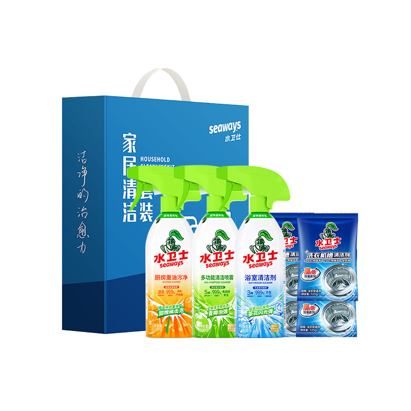 J-水卫士家居清洁套装A-08【厨房重油污净500g+多功能清洁喷雾500g+浴室清洁剂500g+洗衣机槽清洗剂125g*4袋】