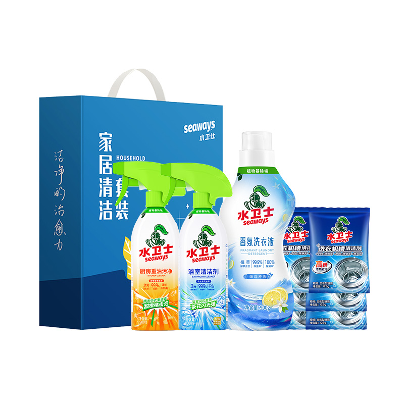 J-水卫士清洁套装D-05【厨房重油污净500g+浴室清洁剂500g+香氛洗衣液（海洋柠香）900ml+洗衣机槽清洗剂125g*6袋】