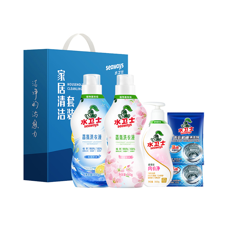 J-水卫士洗衣液清洁套装E-07【香氛洗衣液（海洋柠香）900g+香氛洗衣液（樱花絮语）900g+植物基内衣净300g+洗衣机槽清洗剂125g*2】