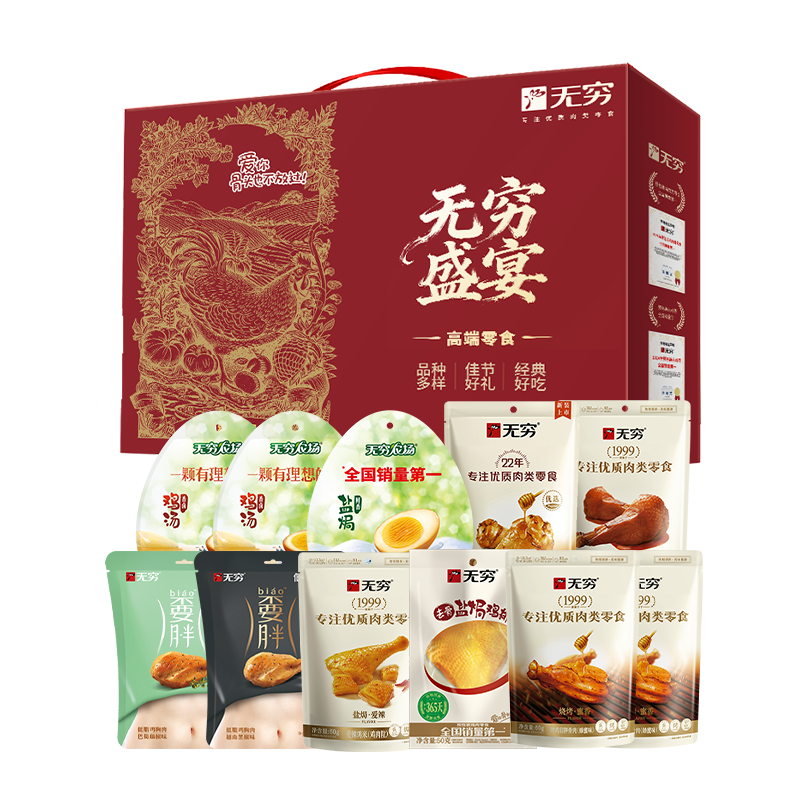J-无穷盛宴礼盒948g零食大礼包【60g低脂鸡胸肉黑椒味，60g低脂鸡胸肉藤椒味，100g盐焗鸡蛋，60g爱辣鸡米，50g去骨盐焗鸡排，63g嗦汁鸭脖，105g烤鸡翅根，90g酱卤鸭翅根，120g香卤鸡蛋，120g香卤鸡蛋，60g烤鸡肩胛骨肉，60g烤鸡肩胛骨肉】