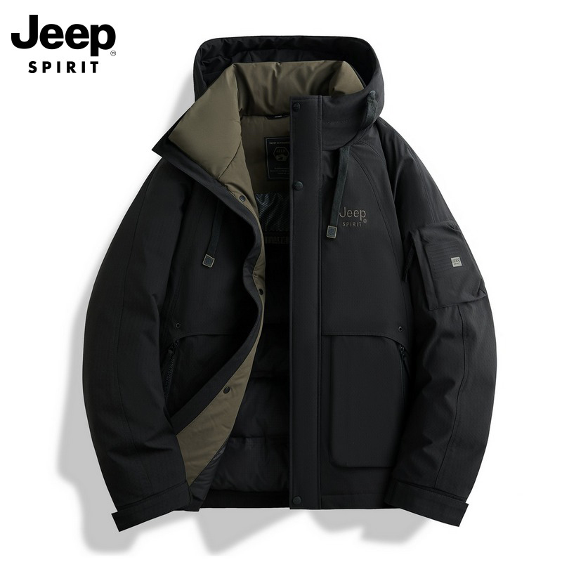 J-JEEP SPIRIT 吉普羽绒服男款90鸭绒短款连帽时尚城市轻户外休闲保暖外套 JPHJ8615【黑色/卡其 两个颜色可选】M-4XL 6个码可选