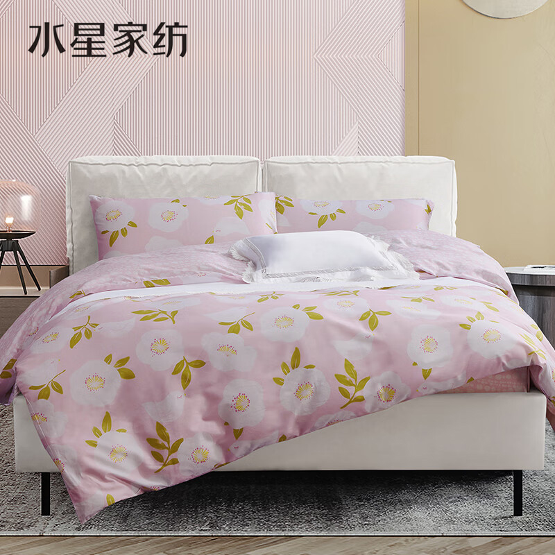 J-普区包邮 水星家纺 LV合作设计师 联名款 100%纯棉茶花荼蘼四件套  200*230cm  床单 被套 枕套 感恩礼  企业福利 精美彩盒装